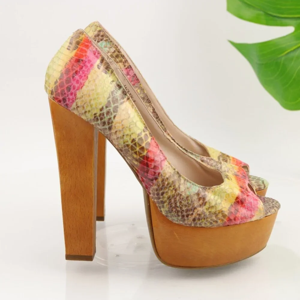 ZigiSoho Womens Jaclyn Pumps Size 8 Tan Red Python Wood Heel Platform Y2K Shoes
